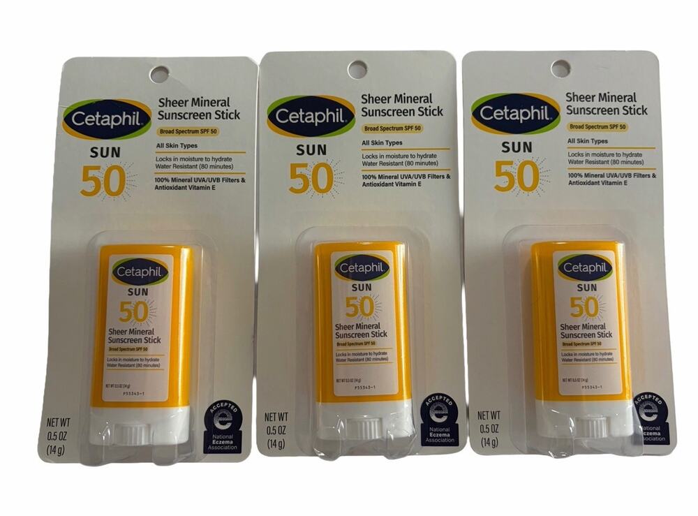 Cetaphil Sheer Mineral Sunscreen Stick SPF 50 0.5 oz Lot of 3 Exp 02/2028 New